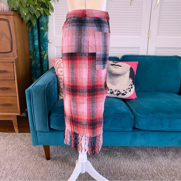 Anthropologie | Maeve Fringed Midi Skirt Plaid Pink Buttondown Christmas New 6 - Picture 8 of 15